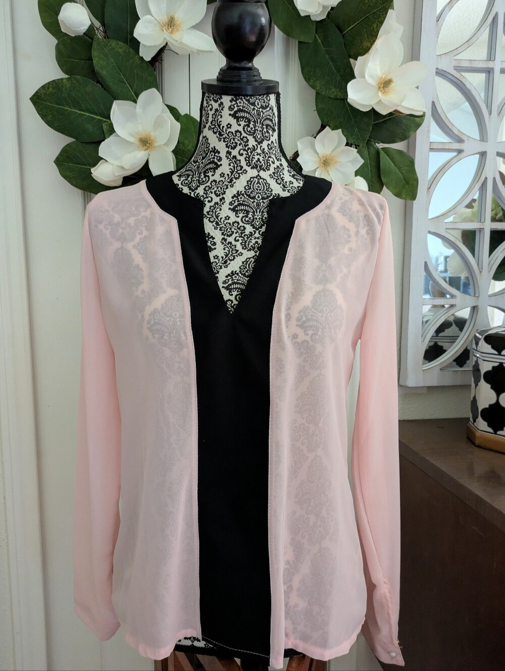 Pink and Black blouse v neck Long sleeve